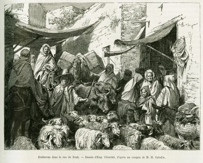 Embarrassed in Teboursouk Souk Street. Engraving by Eugene Girardet, to illustrate the story 