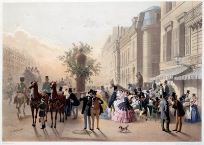 Boulevard des Italians, Cafe Tortoni in Paris in the 19th century (Engraving by Eugene Guerard) by Eugene Charles Francois Guerard