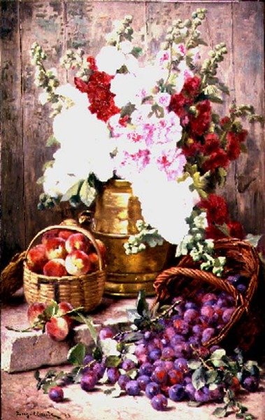 Still life with flowers in a brass urn and fruit in baskets by Eugene Claude