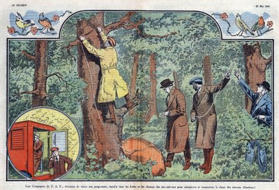 A T.S.F. company installs microphones in the forests and fields to record and transmit the song of birds. Illustration of Damblans in Le Pelerin of 21 May 1933. by Eugene Damblans
