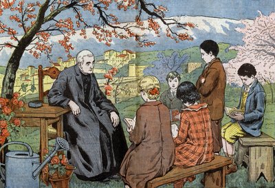A priest and future young people who are going to take their communion, in a garden, drawing by Damblans from paper "Le Pelerin" May 17 by Eugene Damblans