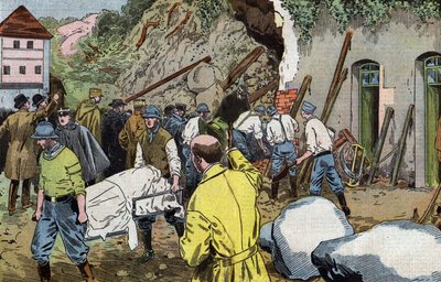 Body of American general Dunlop dead because he rescued Mrs Briant under collapse of outbuildings of Fariniere castle (France) drawing by Damblans from French paper "Le Pelerin" June 7 by Eugene Damblans