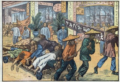 Civil war between nationalists and communists in China: after the communist unrest in Canton, the corpses of the victims are piled up on carts. Illustration of Damblans. In Le Pelerin of March 4 by Eugene Damblans