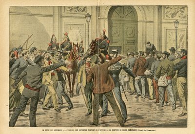 Illustration of Eugene Damblans (1865-1945) in Le Pelerin, 26/11/05 - The Strike of the Arsenals in Toulon, the Strikers Try to Oppose the Rent of Their Comrades by Eugene Damblans