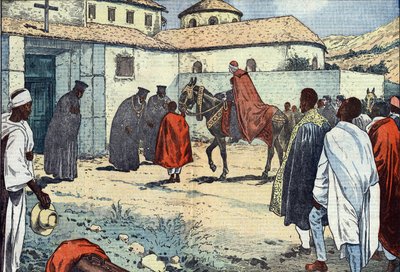 Monsignor Lepicier of the Order of the Servites of Mary, Archbishop of Tarsus, Received at the Coptic Monastery of Debre-Bizen. Illustration of Damblans. In Le Pelerin of August 21 by Eugene Damblans