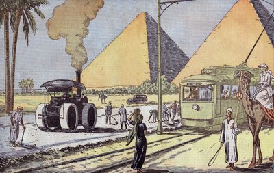 View of Giza Pyramids in Egypt, Illustration by Eugene Damblans from French Paper 