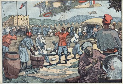 War in Morocco: French planes supply ice to a blockhouse siege by dissident Moroccans. Illustration of Damblans. In “Le Pelerin” of May 24 by Eugene Damblans