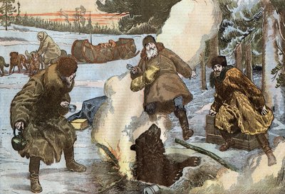Missionaries Preparing Tea While a Bear Appeared Suddenly from Ice, Illustration by Damblans from French Paper 