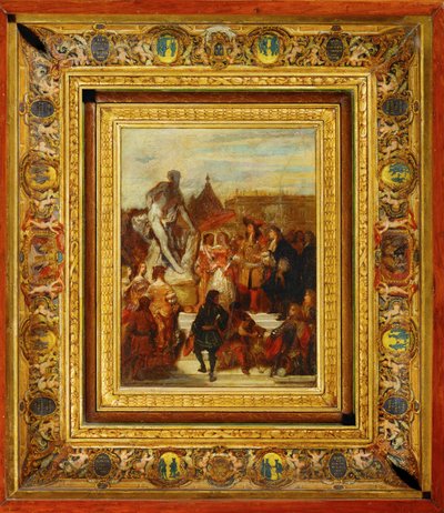 In the gardens of Versailles, Puget presents his statue of Milon of Croton to King Louis XIV by Eugene Deveria
