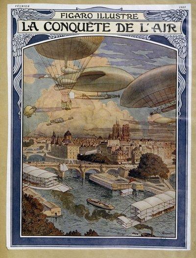 Air Conquest: Airship, Balloon and Hot Air Balloon over Paris - Cover in "Figaro Illustré" of February 1909 by Eugene Grasset