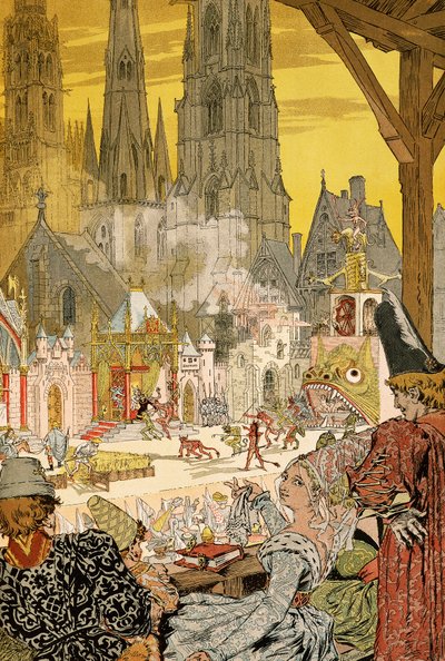 Depiction of Mystery in Churchyard of Cathedral, Illustration for Notre-Dame de Paris by Eugene Grasset