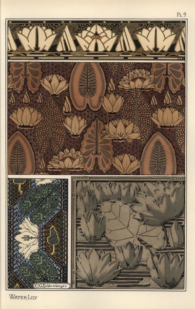 The Water Lily, Nelumbo lutea, in Fabric, Cross-Stitch Tapestry, and Relief Mold Patterns. Lithograph by C. G. Schlumberger by Eugene Grasset