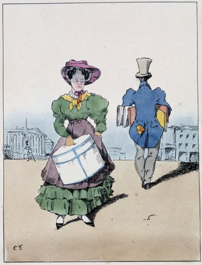 A Woman and a Man Wearing Packages, Crossing Rue Vivienne - in Souvenirs d