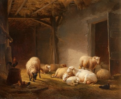 A Sunlit Barn with Ewes, Lambs and Chickens by Eugene Joseph Verboeckhoven