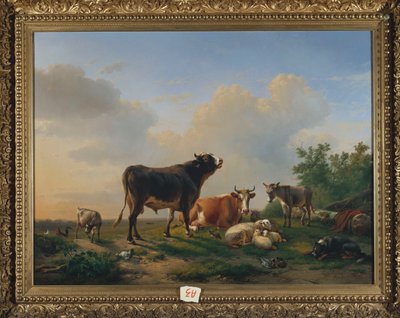 A Bull, a Cow, a Donkey, a Goat, Sheep and Poultry in an Extensive Landscape by Eugene Joseph Verboeckhoven