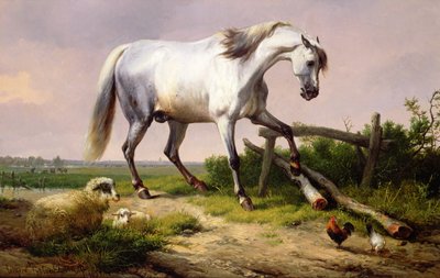 A Grey Stallion with Sheep and Poultry by Eugene Joseph Verboeckhoven