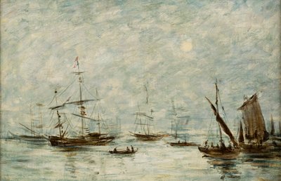 Boats Moored in a Harbour by Eugene Louis (attr.to) Boudin