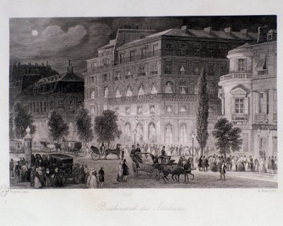 Animation around theatres of the boulevard des Italians in Paris. Engraving by Eugene Louis Lami, 1843 by Eugene Louis Lami
