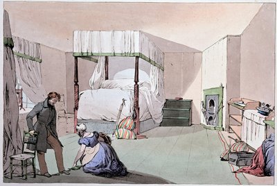 Hostel: a servant helping a customer to put on shoes. Illustration by Eugene Louis Lami (1800-1890), mid-19th century by Eugene Louis Lami