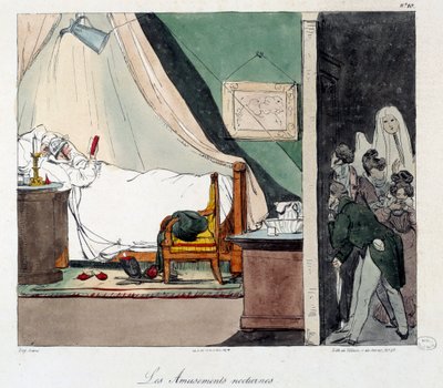 Night Fun. Children Are Afraid to Scare a Person Reading in Bed. Illustration of the Book La vie de chateau by Eugene Louis Lami