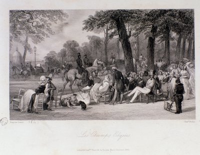Passengers and walkers on the Champs Elysees in Paris. Engraving by Eugene Louis Lami (1800-1890) 1841 Private collection by Eugene Louis Lami