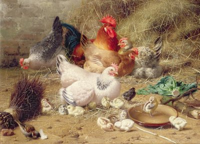 Hens Roosting with Their Chickens by Eugene Remy Maes