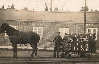 Porter with a horse-drawn luggage trolley at the docks by European Photographer