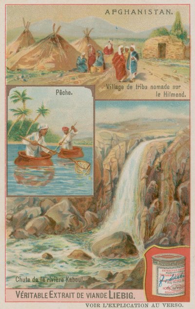 A Waterfall of the Kabul River with Fishermen and a Nomadic Tribal Village in Helmand by European School