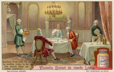 A dish garnished with truffles being served in 18th century Paris by European School
