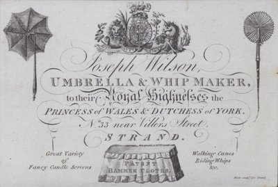 Advertisement for Joseph Wilson, umbrella and whip maker, London by European School