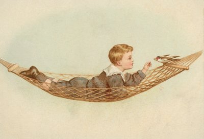 Boy lying in a hammock feeding a bird by European School