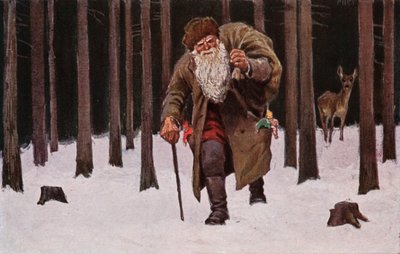 Christmas Card, Santa Claus Trudging Through the Snow with Bag of Presents, Deer in Background by European School