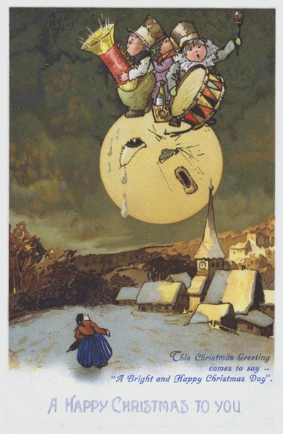 Christmas Greetings Card Depicting Musicians on the Moon Above a Snowy Town by European School