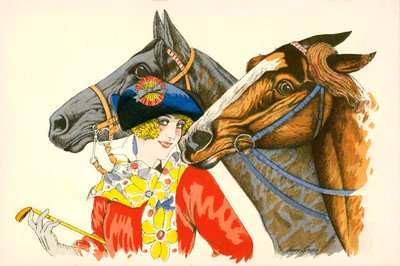Coquettish, Colourfully Dressed Woman with Two Horses by European School