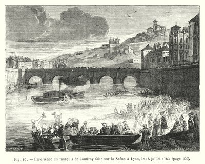 Experiment by Marquis de Jouffroy on the Saone in Lyon, July 15, 1783 (engraving) by European School
