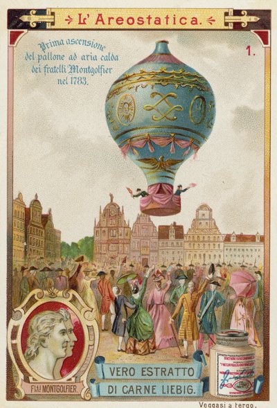 First untethered flight of the Montgolfier Brothers hot air balloon, 1783 by European School
