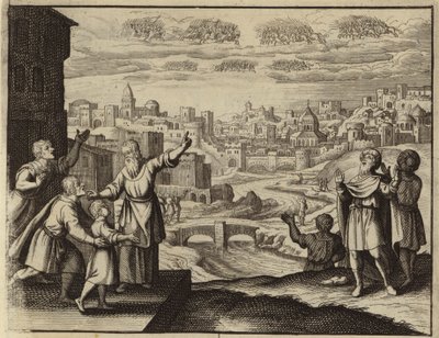 Golden-clad cavalry in the air over Jerusalem by European School