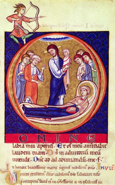 Historiated initial depicting the death of the Virgin, from an unknown manuscript, 12th-13th century by European School