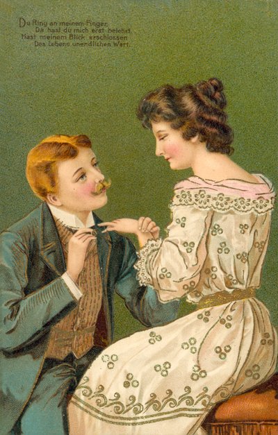 Man Proposing Marriage to a Young Woman, About to Place a Ring on Her Finger by European School