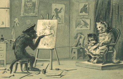 Monkey Painting a Portrait of a Cat and a Kitten by European School