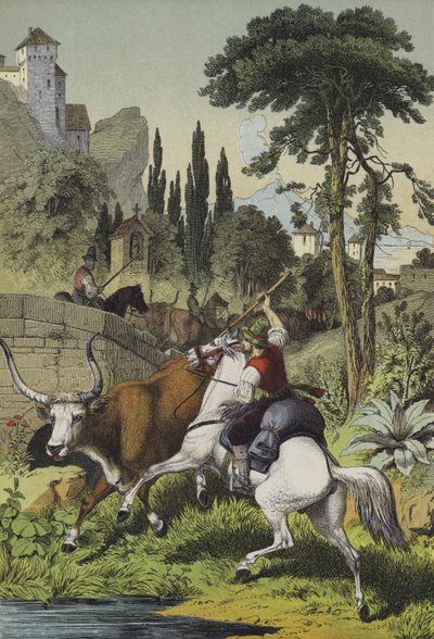 Mounted shepherds in Italy pursuing a Steppes Bull in a landscape with Wild Chestnut, Cluster Pine and Italian Poplar trees by European School