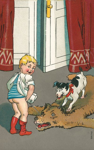 Naughty Boy Urinating onto a Bearskin Rug by European School