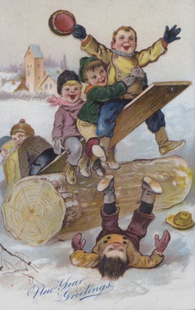 New Year Greetings Card Depicting Children Playing in the Snow by European School