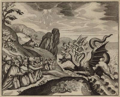 People worshipping the seven-headed beast out of the sea by European School