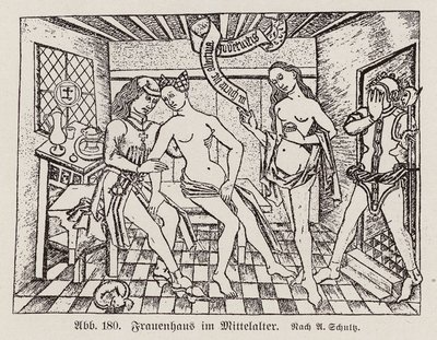 Scene in a Frauenhaus, a late medieval German brothel by European School