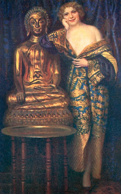 Semi-Naked Woman Dressed in a Robe Beside a Golden Statue of the Buddha by European School