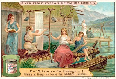 Spinning and Weaving in an Ancient Lakeside Village by European School