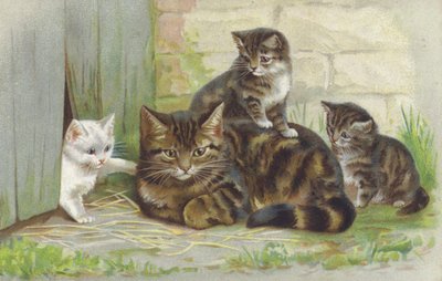 Tabby Cat with Three Kittens by European School