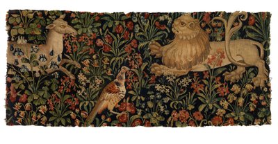 Tapestry Fragment of Mille Fleurs Depicting Doe, Lion and Pheasant by European School