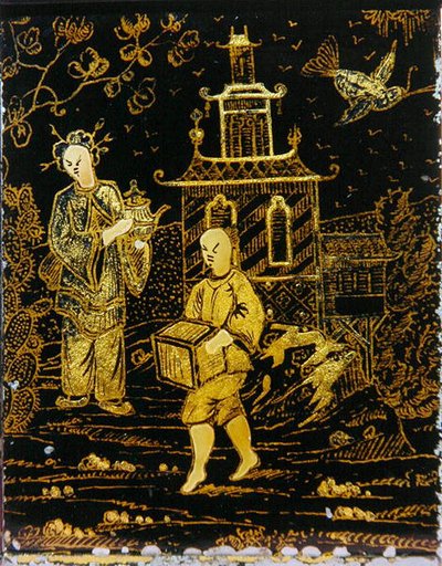 Tea Caddy in the Chinese Manner Depicting a Porter and a Lady Carrying a Teapot by European School